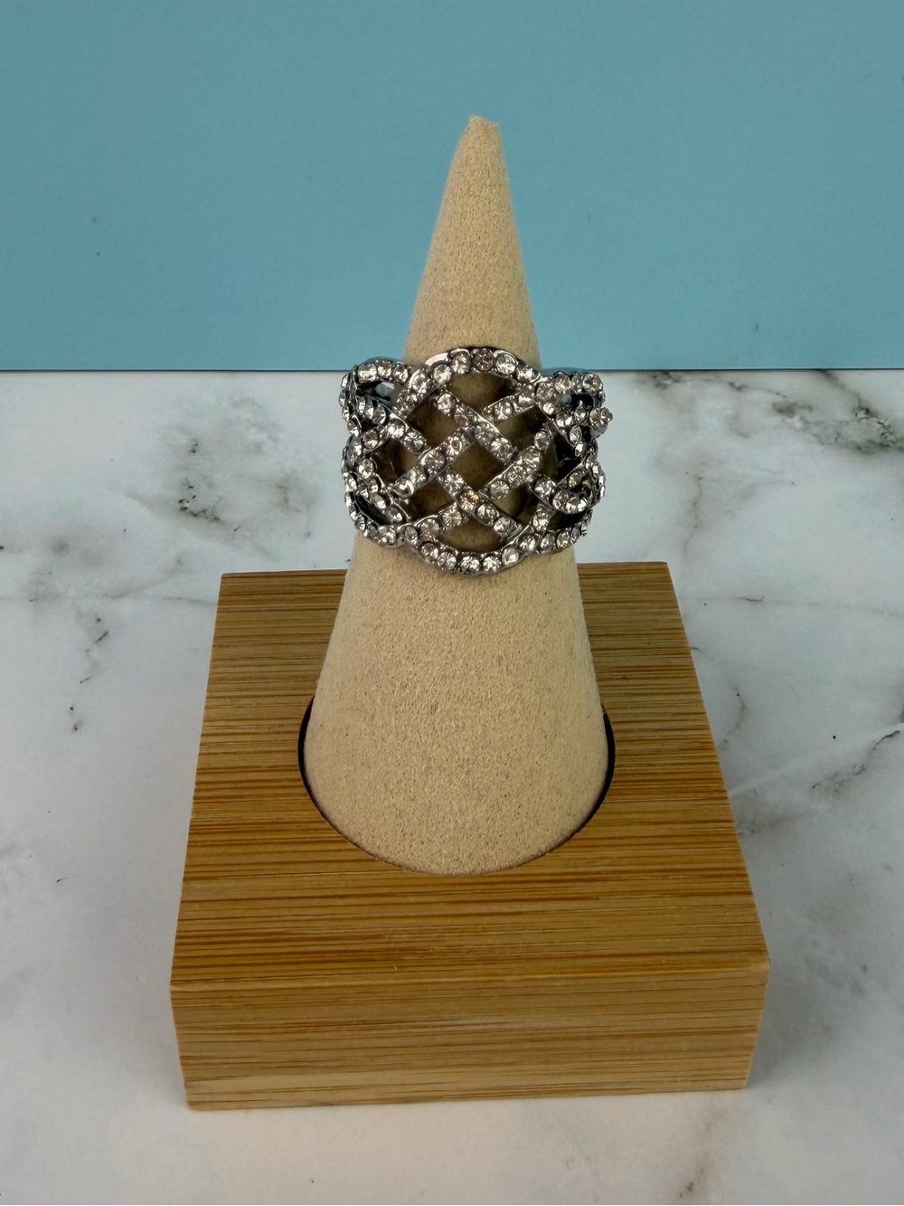 Vintage Style Rhinestone Lattice Statement Ring Silver Tone Wide Band Size 7
